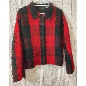 Vintage Ann Maurice Jacket Blazer Womens XL Rich Red Blk Fringe Textured